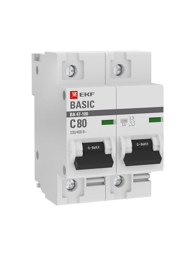 Автоматический выключатель 2P  80А (C) 10kA ВА 47-100 EKF Basic