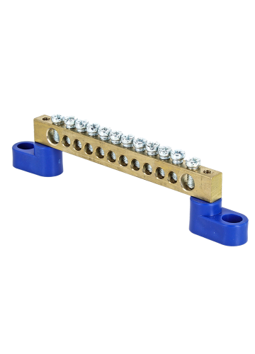 Шина "0" N (6х9мм) 12 отверстий латунь 2 синих угловых изолятора EKF PROxima