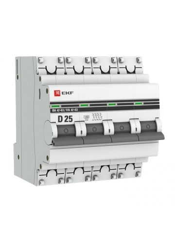 Автоматический выключатель 4P, 25А (D), 4,5kA, ВА 47-63, EKF PROxima (mcb4763-4-25C-pro)