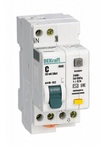 Автоматический выключатель дифференциального тока DEKraft АВДТ 1Р+N 40А 30мА тип AC х-ка С ДИФ-102 нов. 4,5кА (16007DEK)