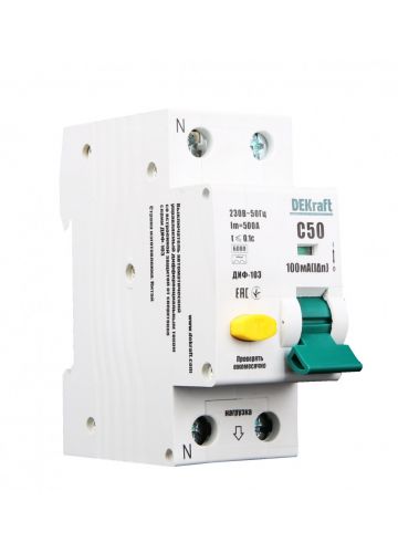 Автоматический выключатель дифференциального тока DEKraft АВДТ 1Р+N 63А 100мА тип AC х-ка С ДИФ-103 6кА (16211DEK)