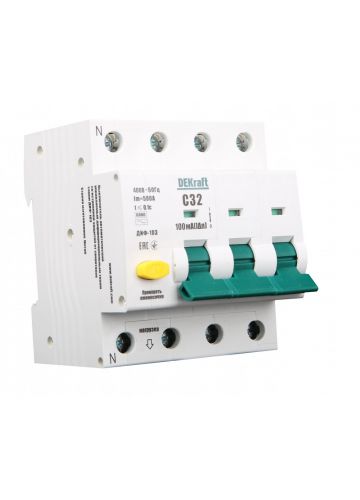 Автоматический выключатель дифференциального тока DEKraft АВДТ 3Р+N 40А 30мА тип AC х-ка С ДИФ-103 6кА (16216DEK)