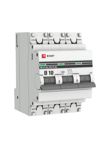 Автоматический выключатель 3P 10А (В) 4,5kA ВА 47-63 EKF PROxima (mcb4763-3-10B-pro)