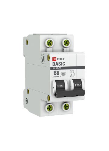 Автоматический выключатель 2P  6А (B) 4,5кА ВА 47-29 EKF Basic (mcb4729-2-06-B)