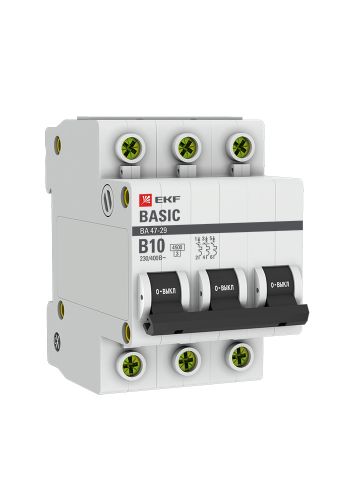 Автоматический выключатель 3P 10А (B) 4,5кА ВА 47-29 EKF Basic (mcb4729-3-10-B)