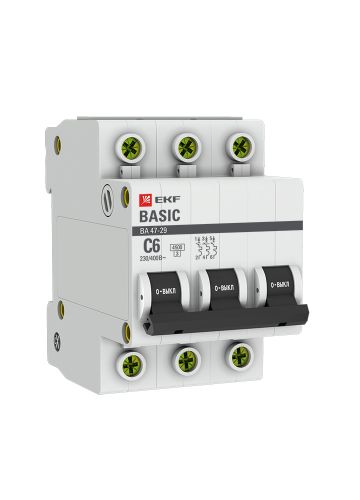 Автоматический выключатель 3P  6А (C) 4,5кА ВА 47-29 EKF Basic (mcb4729-3-06C)