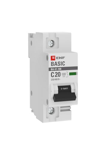 Автоматический выключатель 1P  20А (C) 10kA ВА 47-100 EKF Basic (mcb47100-1-20C-bas)