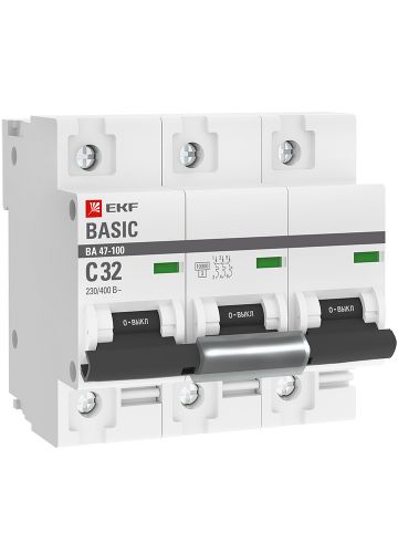 Автоматический выключатель 3P  32А (C) 10kA ВА 47-100 EKF Basic (mcb47100-3-32C-bas)