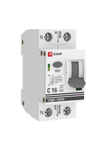 Устройство защиты от дугового пробоя (УЗДП) с автоматическим выключателем 1P+N 16А (C) 6кА EKF PROxima (afdd-2-16C-pro)