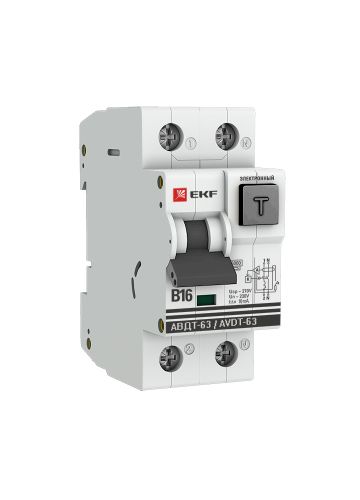 Дифференциальный автомат АВДТ-63 16А/10мА (хар-ка B, электронный, тип A) 6кА EKF PROxima (DA63-16B-10e)