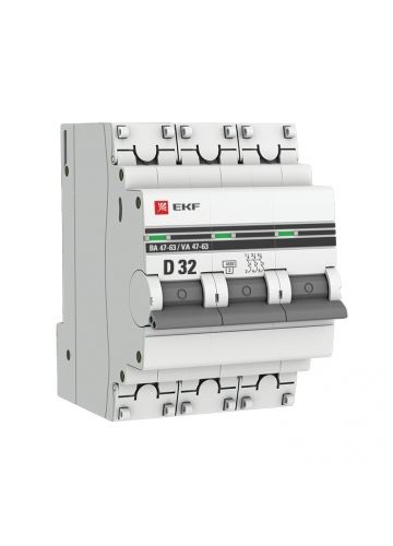 Автоматический выключатель 3P, 32А (D), 4,5kA, ВА 47-63, EKF PROxima (mcb4763-3-32D-pro)